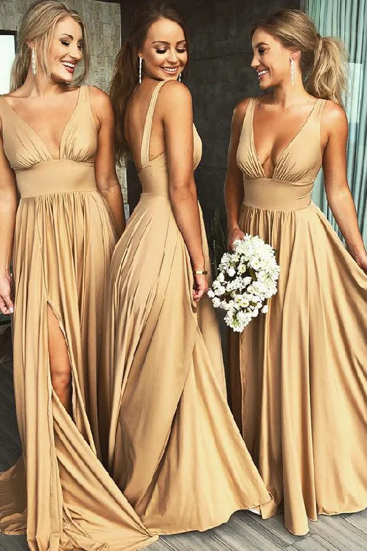Final Markdown Gold V Neck Long Bridesmaid Dress with Slit