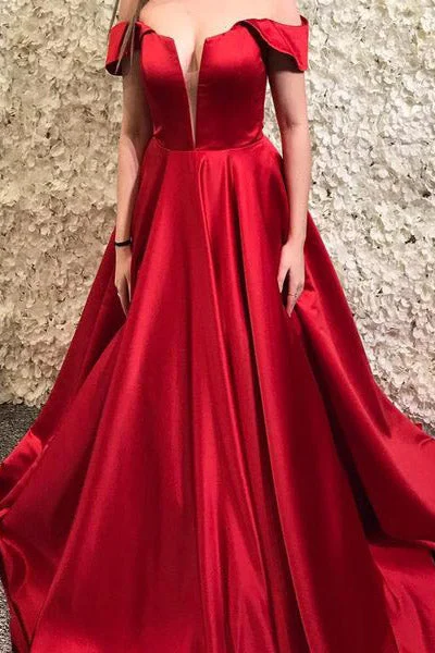 Daily Deals A-Line Off the Shoulder Satin Red Long Prom Dress