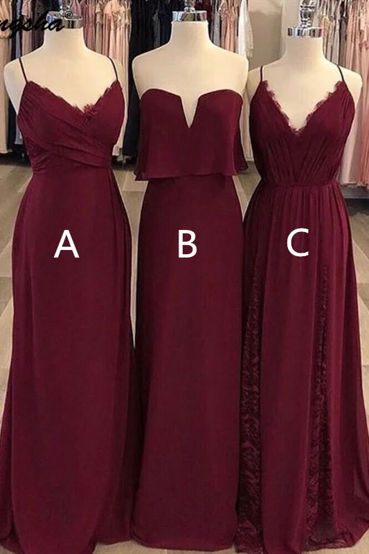 Deal Zone Mismatched A-line V-Neck Chiffon Long Burgundy Bridesmaid Dress