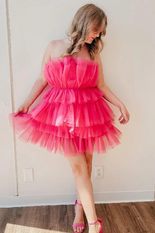 Year-End Clearance Cute Hot Pink Strapless Tiered Tulle Party Dress