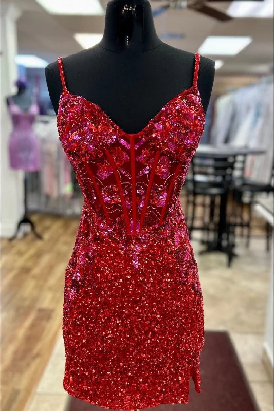 Big Discounts Gorgeous Straps Red Sequin Appliques Tight Homecoming Dress