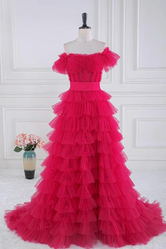 Great Deals Off the Shoulder Fuchsia Ruffle Tiered Prom Dress with Sash