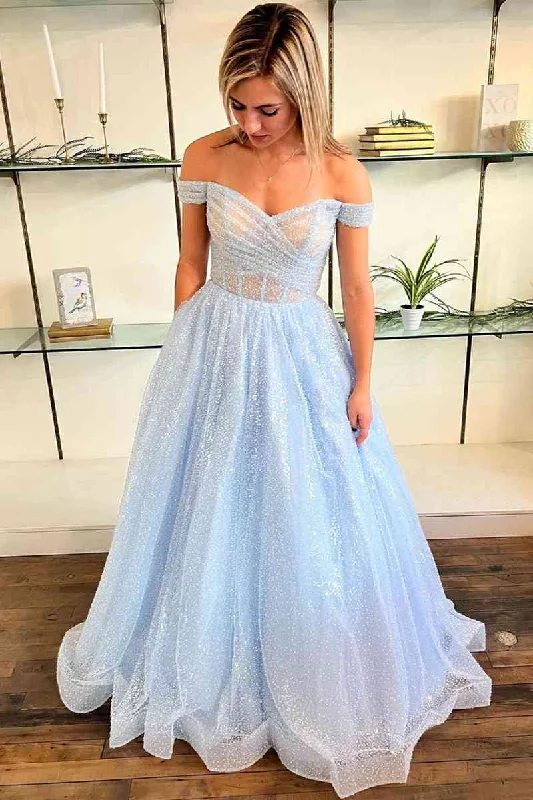 Discount Extravaganza A-Line Off-the-Shoulder Light Blue Glitters Long Prom Dress