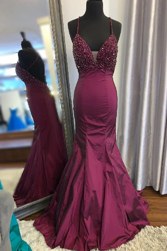 Instant Savings Gorgeous V Neck Mermaid Beaded Dark Purple Long Prom Dress