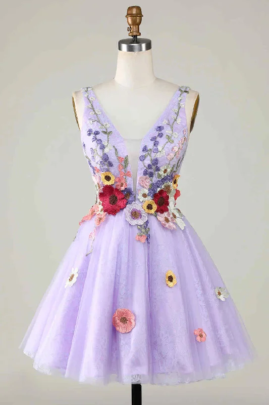 Seasonal Sale Plunging Neck Lavender Floral Backless Short Floral Dress