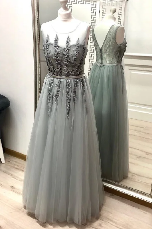 Overstock Sale Illusion Neck Appliques Floor Length Grey Prom Dress