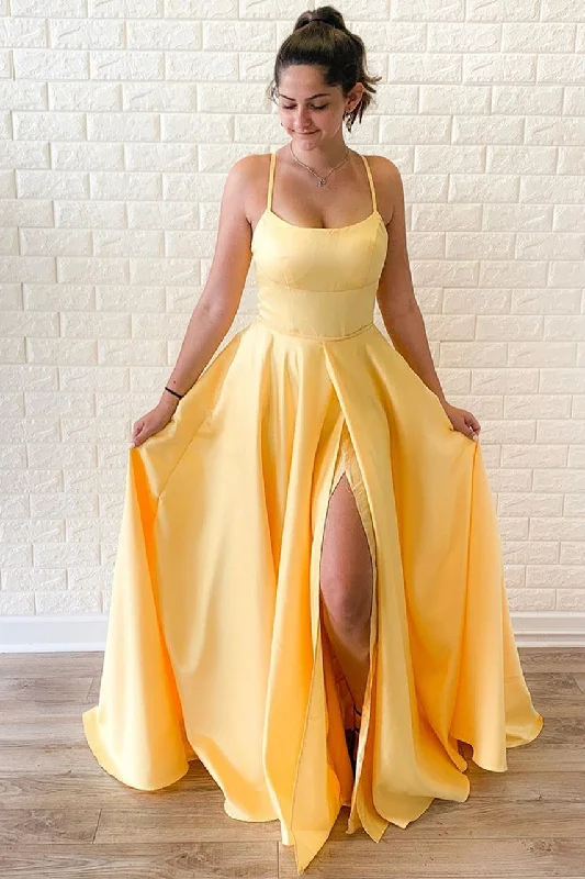 Buy Now Straps Yellow Long Party Dress with Slit and Cross Back