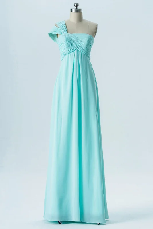 Inventory Reduction Double Straps One Shoulder Mint Blue Bridesmaid Dress