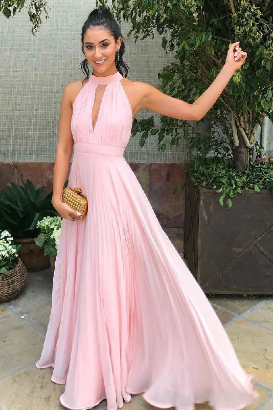 Deal Explosion High Neck Hollow Out Long Pink Prom Dress with Pleats