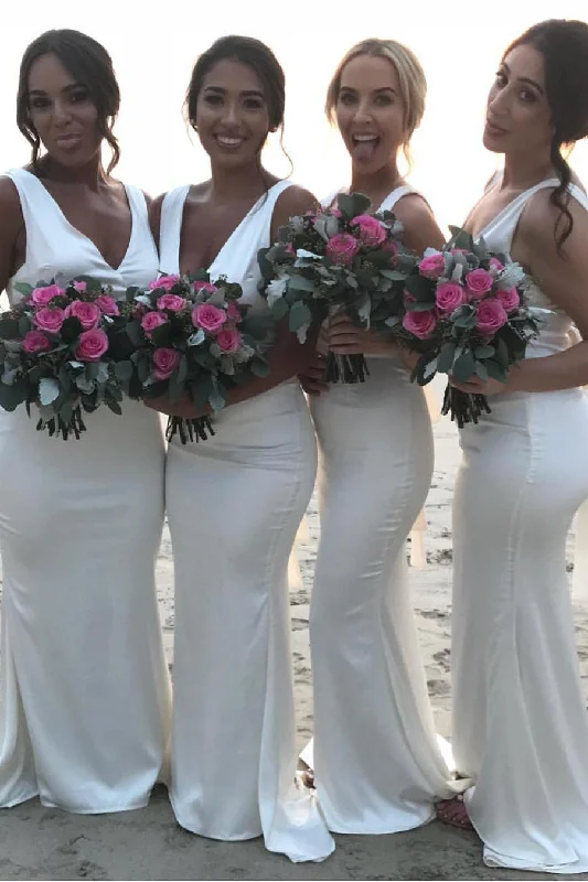 Hurry In Mermaid V Neck Satin Long White Bridesmaid Dress
