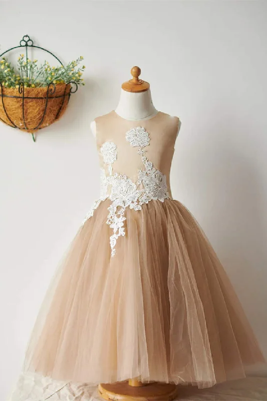 Final Markdown Ivory Lace Champmpagne Tulle Flower Girl Dress