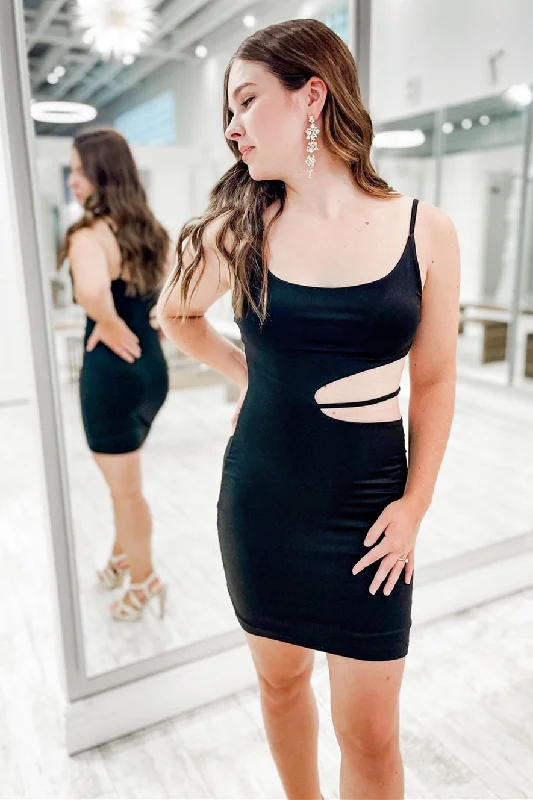 Referral Discount Tight Straps Black Side Cutout Mini Dress