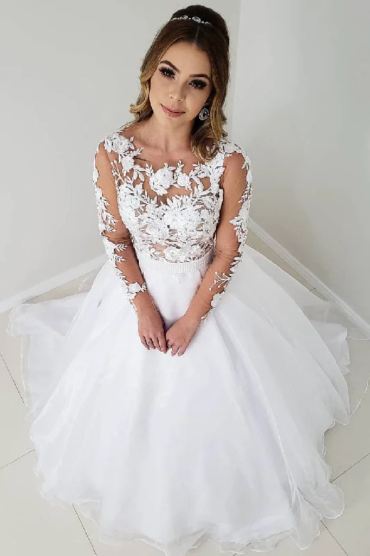 Discount Deals Princess A-line Long Sleeves White Wedding Dress with Belt