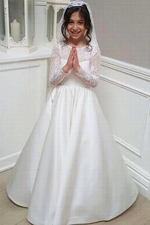 Act Fast Long Sleeves V Back Floor Length Flower Girl Dress