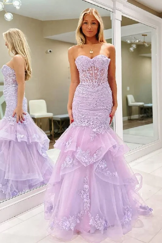 Early Access Lavender Lace Applique Ruffle Beaded Mermaid Prom Dress