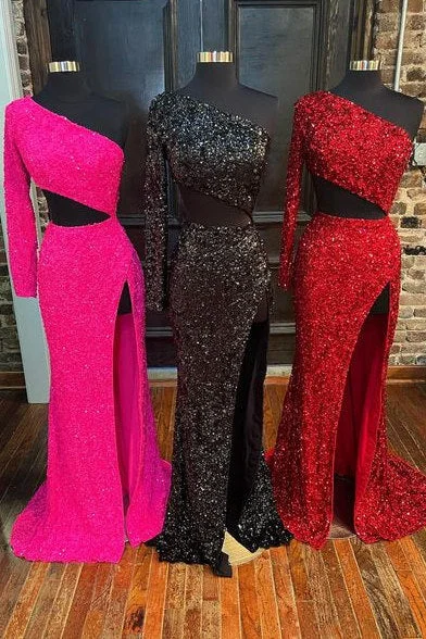 Blowout Sale Long Sleeve Cut Out Sequined Long Prom Dress