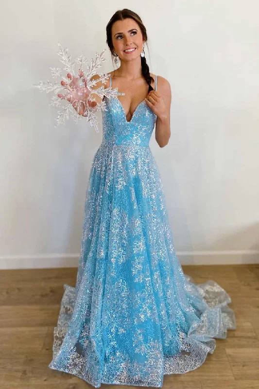 Discount Extravaganza Princess Blue Straps A-Line Long Prom Gown