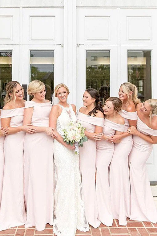 Quick Sale Sheath Off Shoulder Pink Bridesmaid Dress with Slit