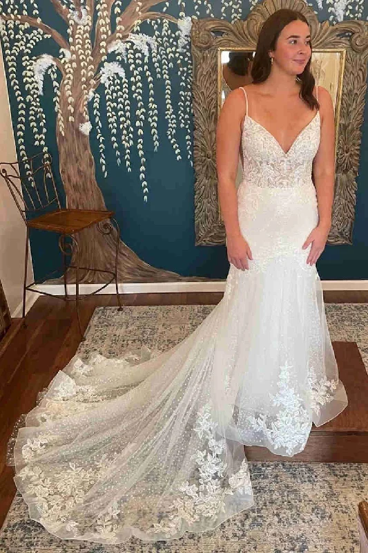 Deal Frenzy Straps Cutout Back White Lace Wedding Dress