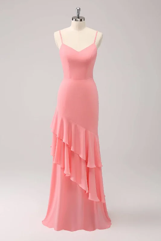 YEAR-End Clearance Coral Straps Mermaid Maxi Dress with Ruffles