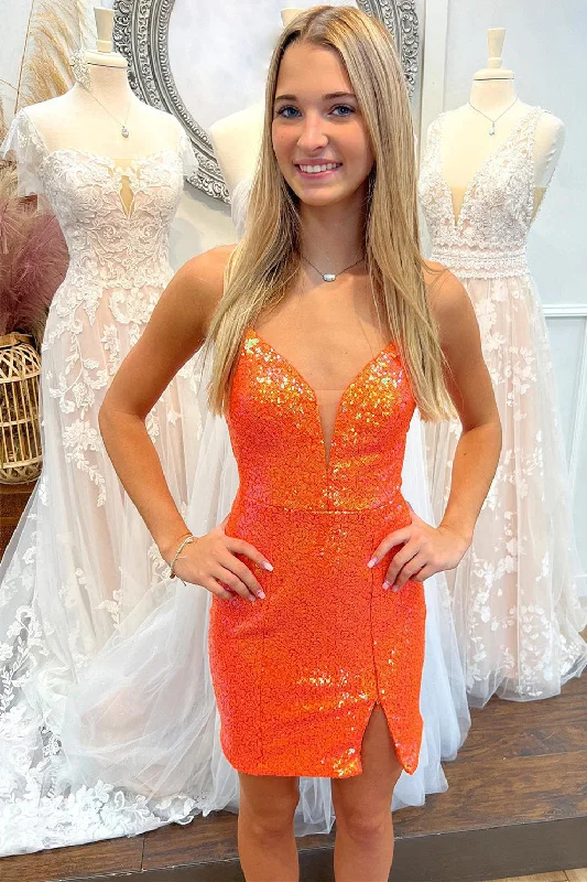 Sale Event Lace-Up Orange Sequin Short Homecoming Dress with Slit