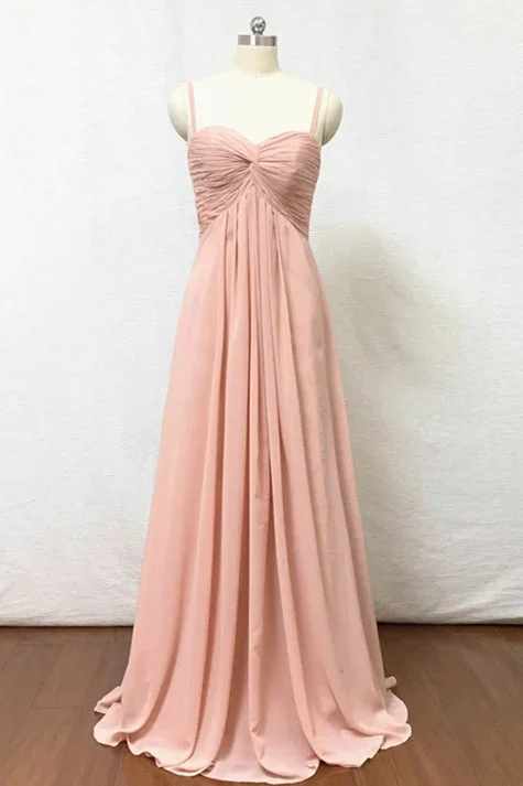 Inventory Reduction Spaghetti Straps Blush Pink Pleate Chiffon Long Bridesmaid Dress