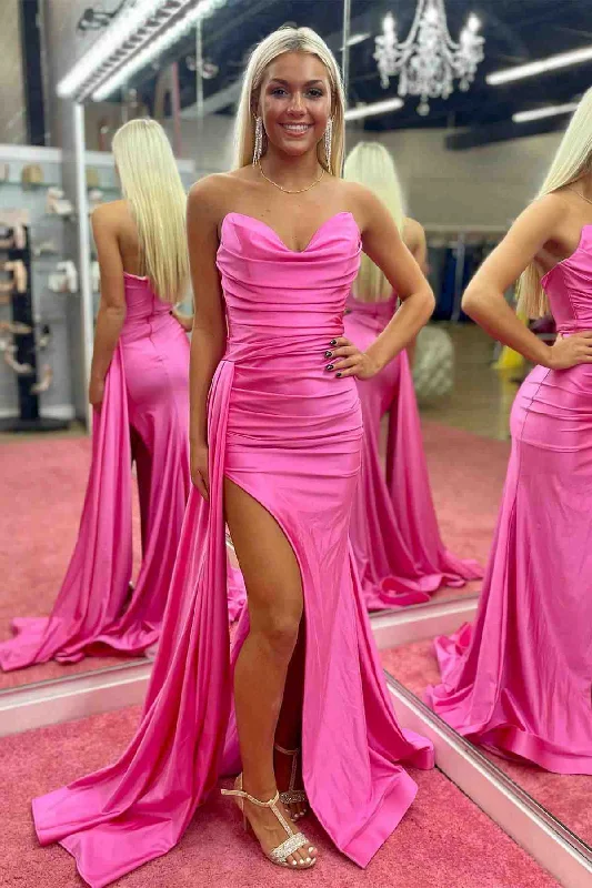 Lowest Price Strapless Hot Pink Pleated Long Prom Dress with Slit