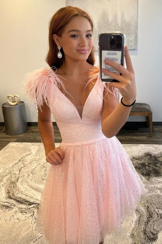 Huge Savings Pink A-line Tulle Deep V Neck Beaded Homecoming Dress with Feathers