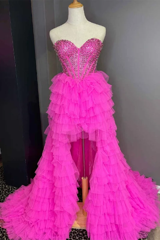 Best Bargains Sweetheart Hot Pink Hi-Low Prom Dress with Beaded Bodice