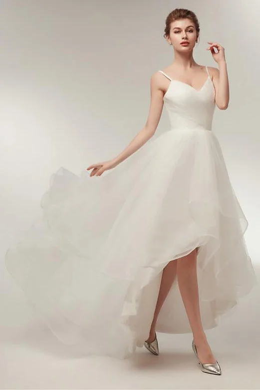 Lowest Prices Spaghetti Strap High Low A-line Ivory Wedding Dress with Lace-Up