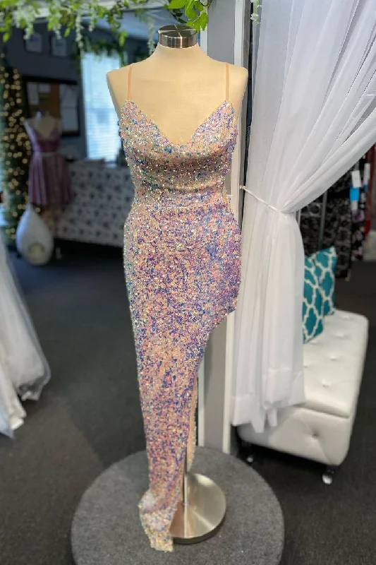 Lowest Prices Crew Neck Long Pink Sequins Prom Dress with High Slit