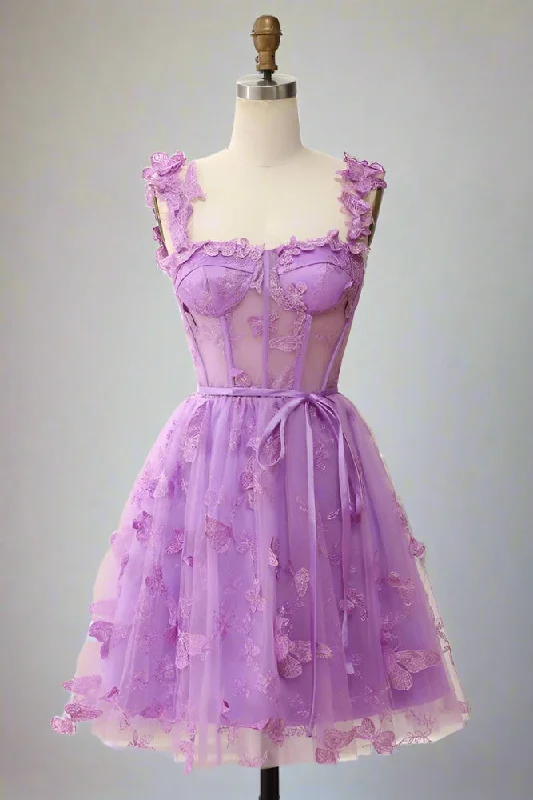 Fantastic Offers Square Neck Lilac Butterfly Appliques Short Homecoming Dress