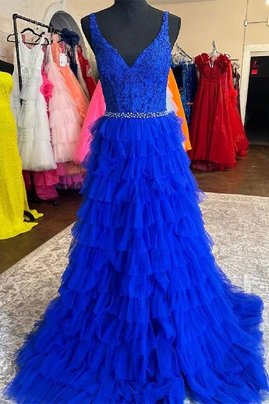 Extra Discounts V-Neck Royal Blue Appliques Ruffle Tulle Prom Dress