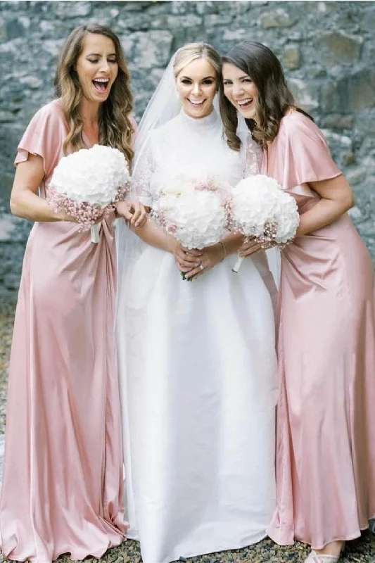 Deal Dash Floor Length Pink V-Neck Bridesmaid Dress
