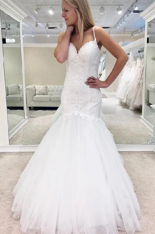 Must-Have Deals Long Spaghetti Strap Mermaid White Bridal Dress with Lace