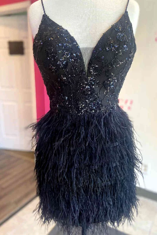Quick Sale Sequined Top Black Tight Homecoming Dress with Feather