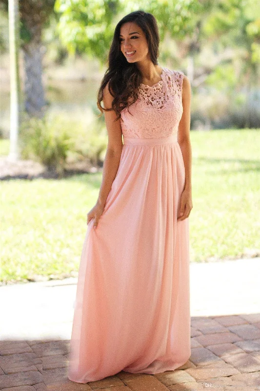 Members Only A-line Lace Bodice Long Pink Bridesmaid Dress