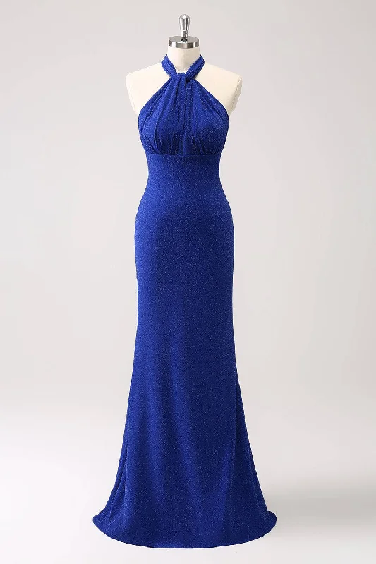 Final Sale Sparkly Royal Blue Halter Mermaid Maxi Dress