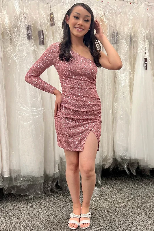 New Deals Dusty Rose One-Shoulder Sequins Short Homecoming Dress