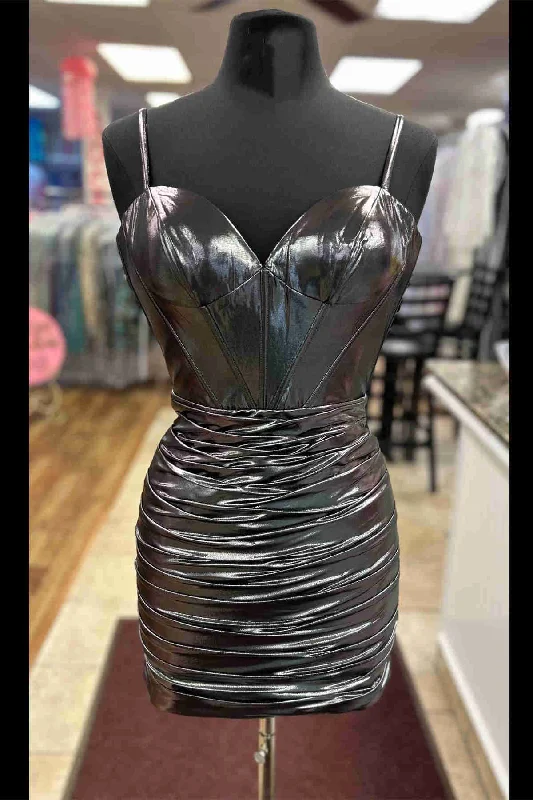 Big Discounts Straps Metallic Black Pleated Bodycon Homecoming Dress