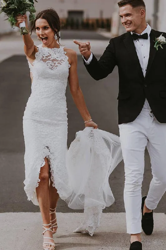 Shop and Save Sheath High Low Front-Slit White Lace Bridal Dress