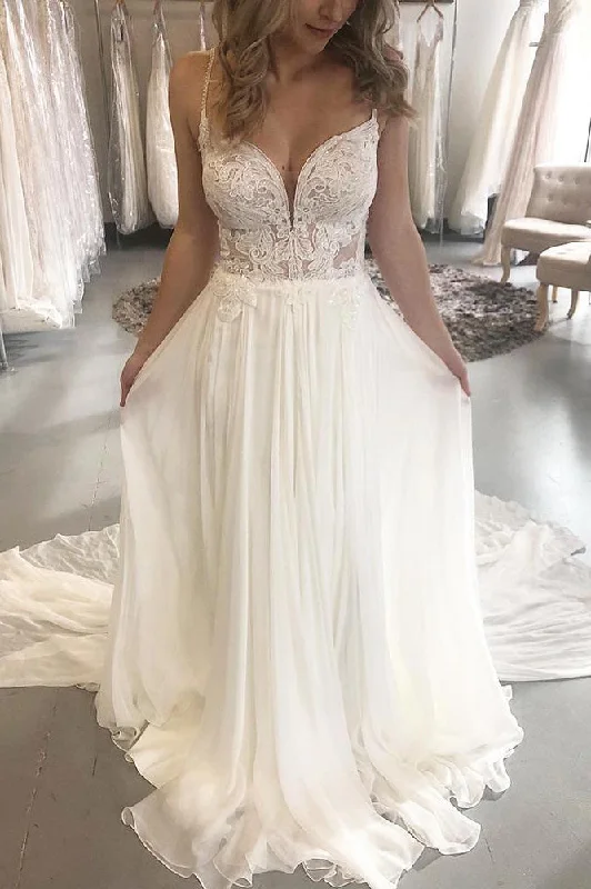 Online Exclusive Boho Long Spaghetti Strap A-line White Beach Wedding Dress