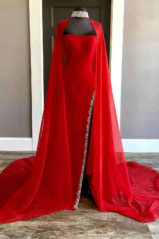 Special Discount Strapless Beaded Side Slit Red Long Prom Dress with Cape
