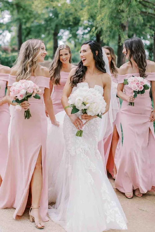 Don’t Miss Out Off the Shoulder Pink Long Bridesmaid Dress with Slit