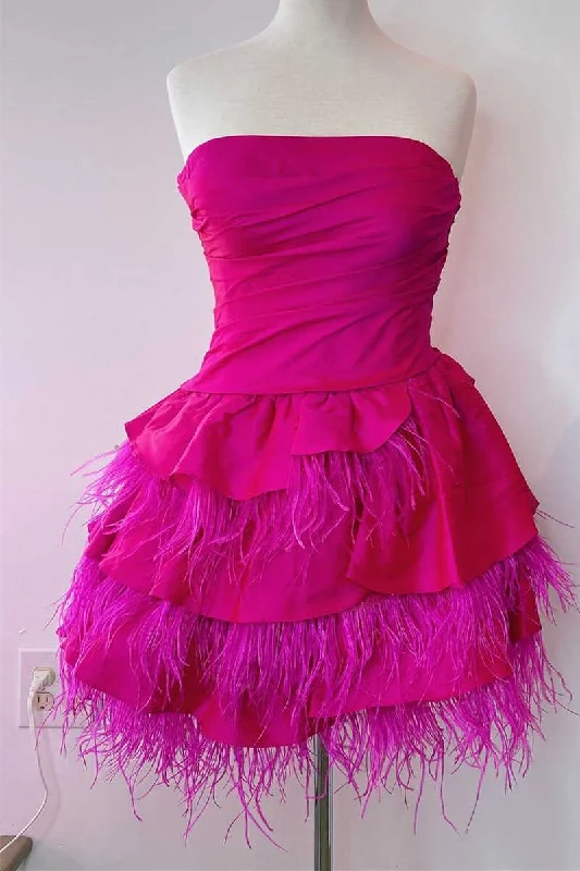 Great Deals Strapless Fuchsia Tiered A-Line Homecoming Dress with Feathers