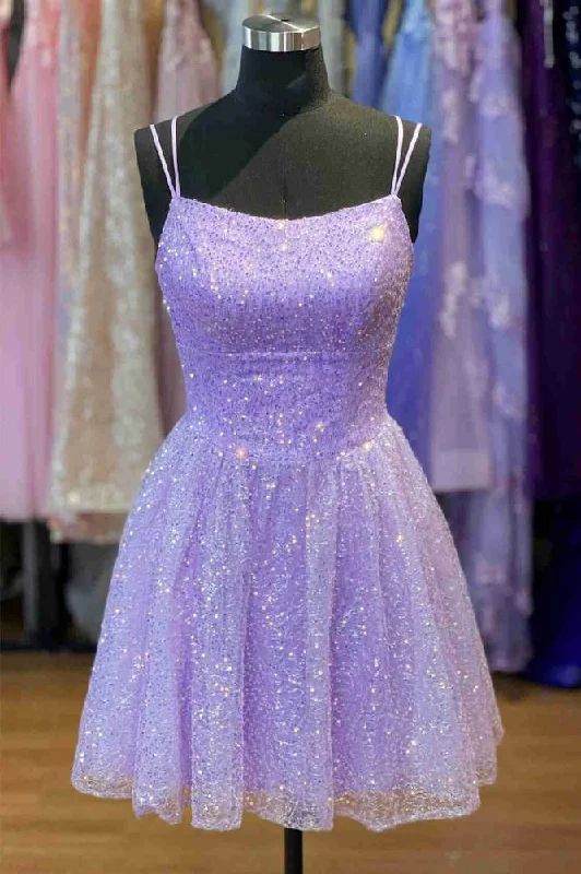 Steals and Deals Double Straps Lavender A-Line Short Homecoming Dress with Sequin