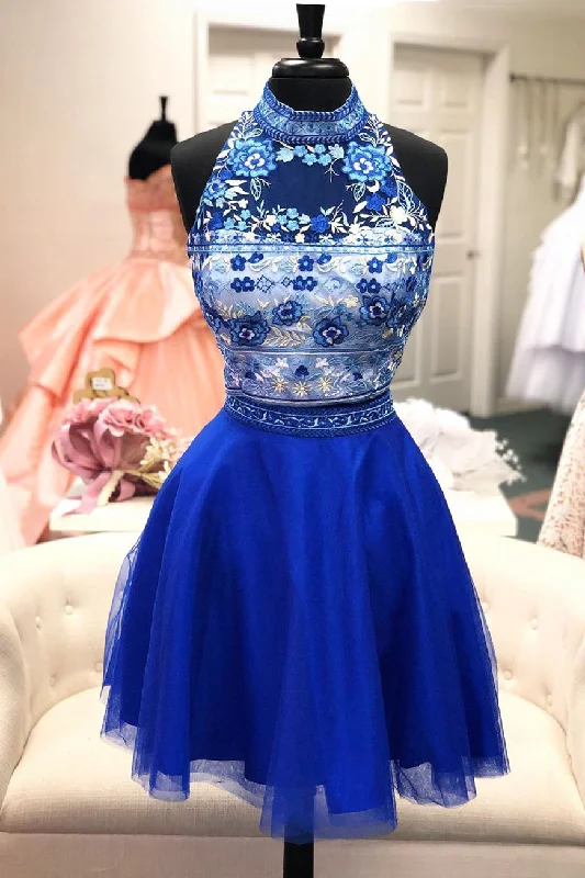 Crazy Deals Halter Royal Blue Two Piece Floral Homecoming Dress