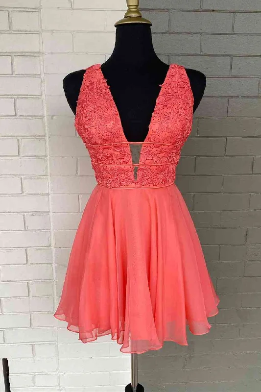 Deal Alert Appliqued Top Coral V-Neck Short Party Dress