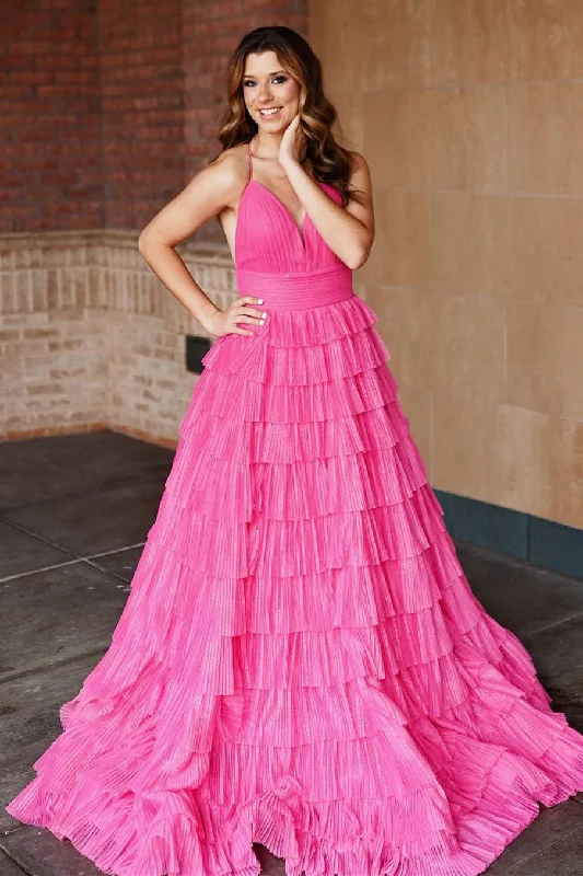 Blowout Deals Pleated Magenta Straps Ruffle Layered Formal Dress