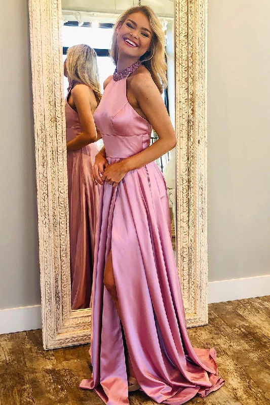 Year-End Clearance Beading Halter Long Pink Prom Dress with Slit